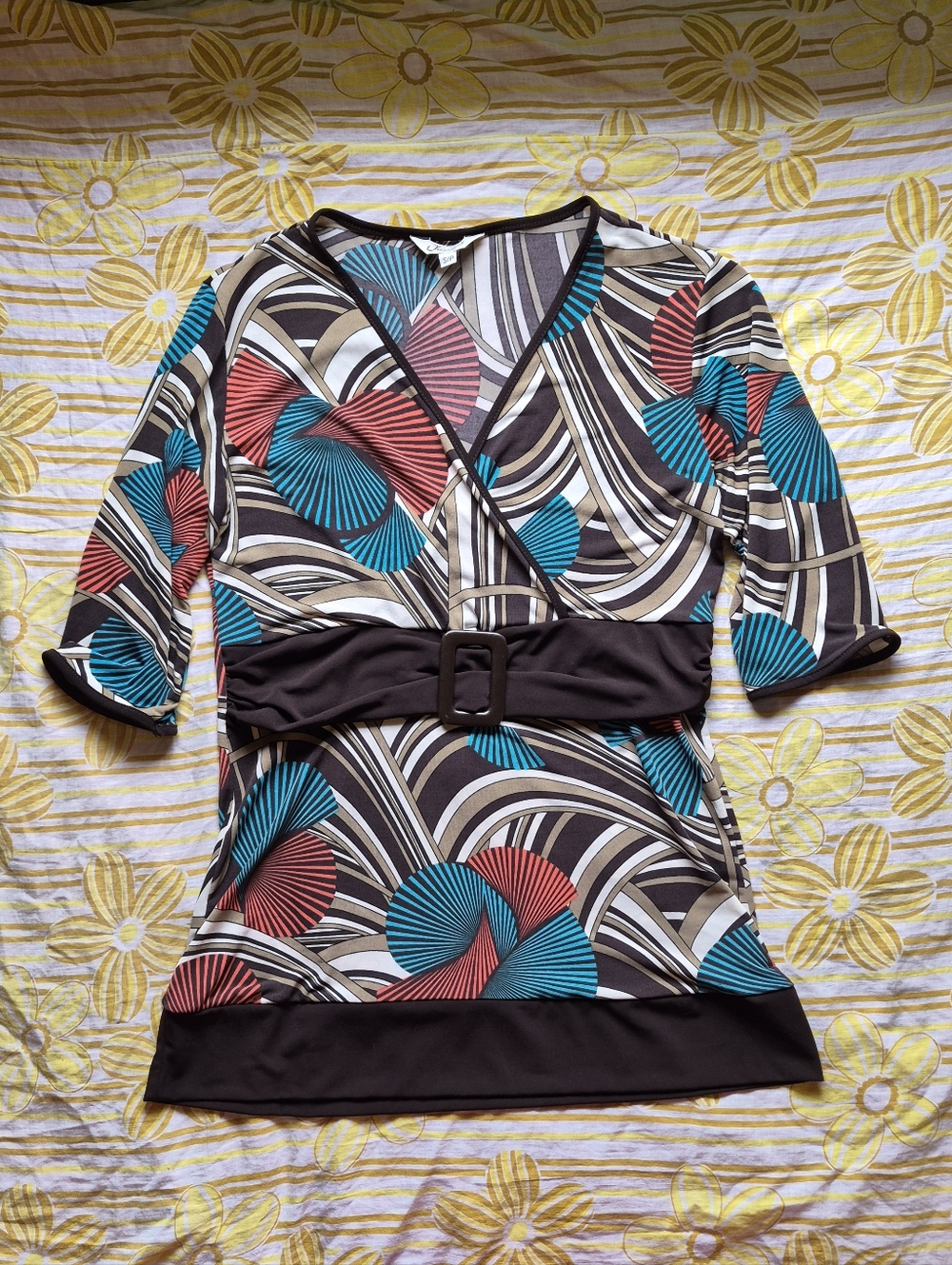 Printed V-Neck Belted Tunic Top - Teal, Coral & Brown